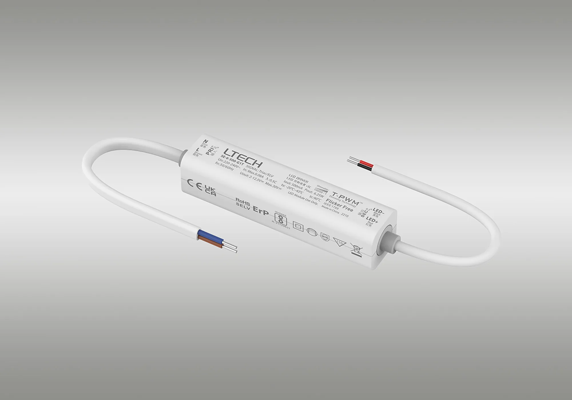 Triac/ELV, PWM,6W, C. Current Dimmable Driver, 500mA, DC:9-42Vdc, EFF>70%, IP20. SE-6-500-G1T  LTECH Triac Constant Current